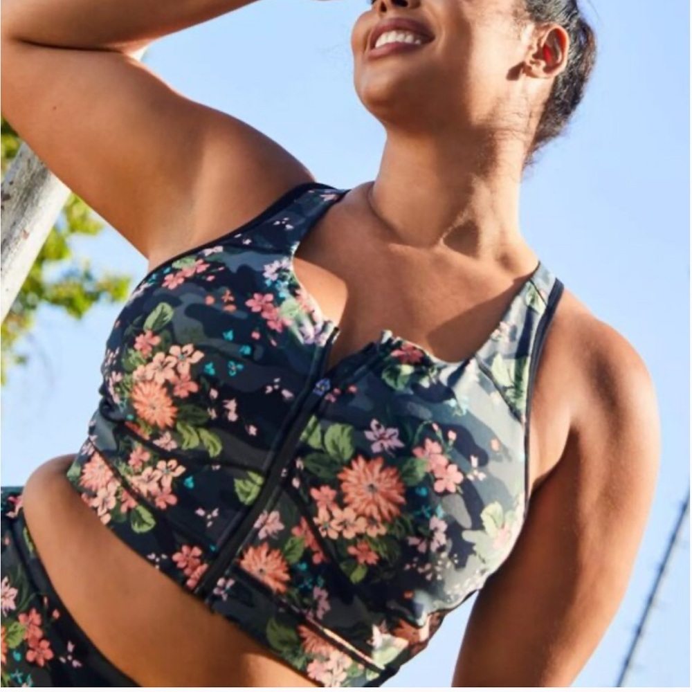 torrid Floral Black Sports Bra  with Pink and Green Accents and zipper.